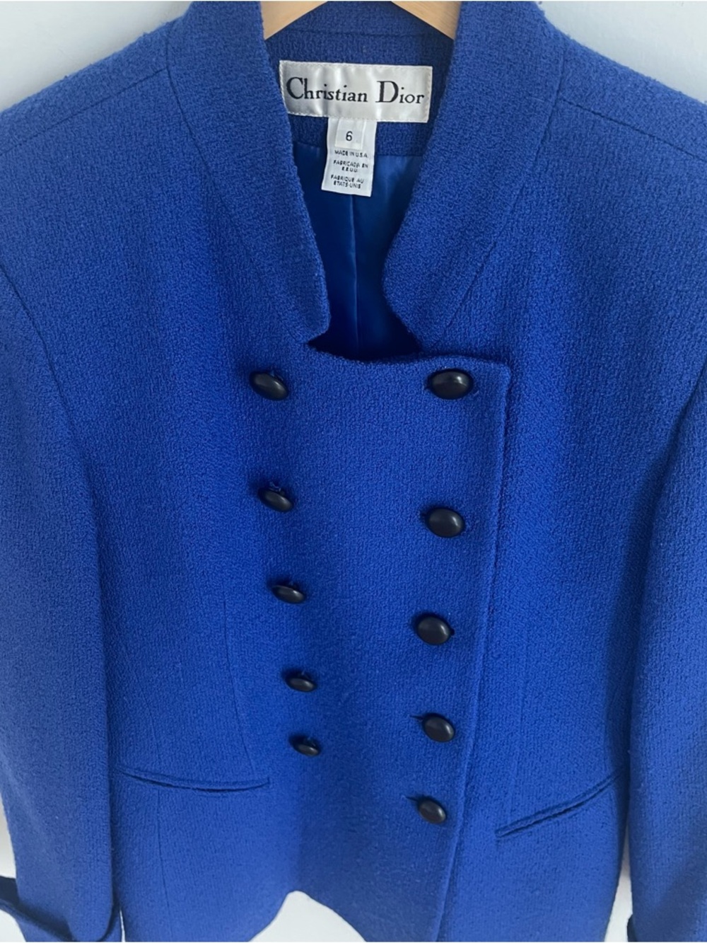 Vintage Christian Dior Blue Wool Double Breasted Military Blazer Jacket Size 6 - Picture 5 of 9